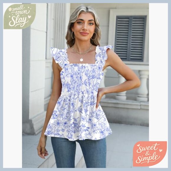 Ruffle Sleeve Smocked Tank Top, Square Neck Babydoll Shirt, Polyester Blend - Picture 2 of 7